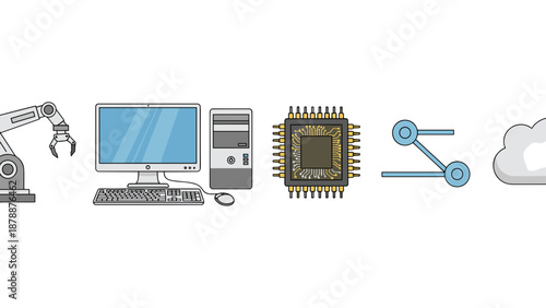 This dynamic illustration visualizes the convergence of industrial automation, traditional computing, advanced processing, and seamless cloud integration.
