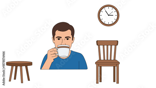 This simple illustration captures a candid moment of daily life, showing a man enjoying a cup of coffee while surrounded by common household items.