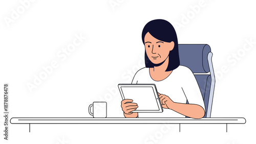 This clean illustration depicts a focused woman working diligently on a tablet at a desk, with a coffee mug nearby, symbolizing digital productivity.