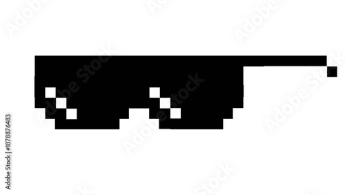 Black pixelated sunglasses graphic, a cool digital concept in retro 8-bit style. Ideal for humorous designs, internet culture, gaming themes, modern visuals, and creative projects