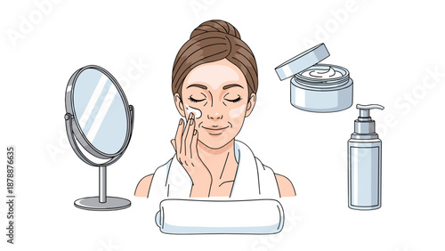 This charming illustration captures a tranquil moment of self-care, showing a woman performing her daily skincare routine using various beauty products.