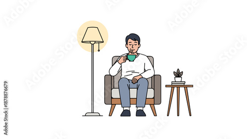 A man sits comfortably in an armchair by a floor lamp, enjoying a warm cup of coffee in a serene and relaxing home environment.