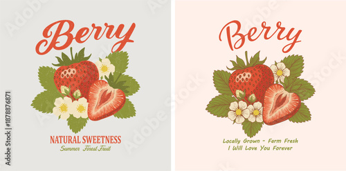 Vintage Berry Strawberry Market Illustration - Retro Farmers Market Graphic with Fresh Strawberries and Blossoms - Classic Hand-Drawn Natural Sweetness Orchard Apparel T-Shirt Design Art