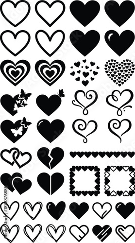 Heart Icons Set - Various Black Silhouette Heart Shapes for Valentine's Day and Romantic Designs