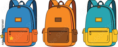 Set of professional student backpack vector illustrations featuring three colorful school bags in blue, orange, and teal with functional zippers and pockets.