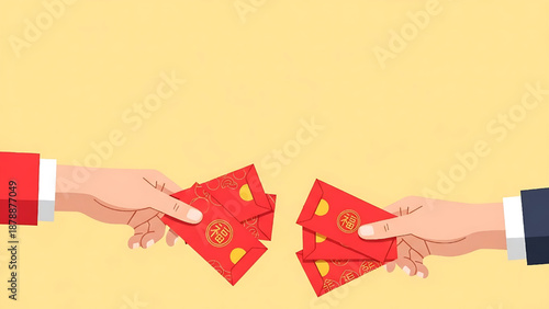 An illustrative concept of cultural exchange hands giving and receiving traditional red envelopes, symbolizing good fortune and blessings during festive celebrations