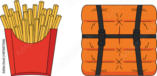 Professional vector illustration set featuring a red carton of golden french fries and a rolled orange sleeping bag with black compression straps.