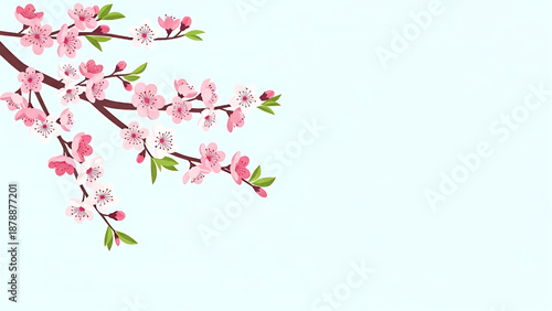 Delicate pink cherry blossoms adorn elegant branches, signaling the arrival of vibrant spring with their breathtaking beauty and natural grace on a soft blue background