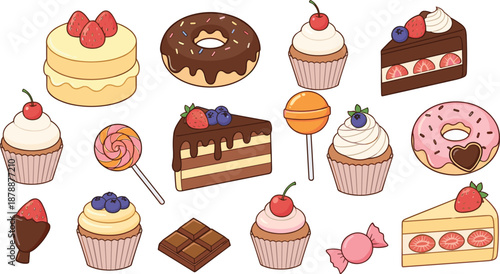 Professional vector dessert illustration set featuring strawberry shortcakes, chocolate donuts, cupcakes with cherries, lollipops, cake slices, and assorted chocolate candies.