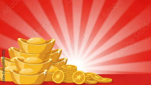Traditional golden ingots and coins illustration for Chinese New Year, symbolizing prosperity, wealth, and good fortune on a vibrant red celebratory background