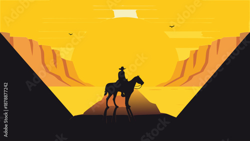 Cowboy on horseback at sunset in desert landscape