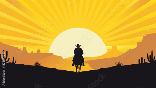 Cowboy riding horse into desert sunset with cacti landscape