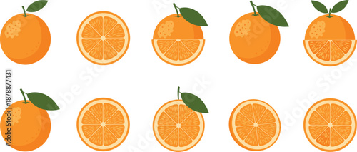 Professional vector illustration set of fresh oranges featuring whole fruit with green leaves, cross-section halves, and round citrus slices isolated.