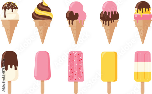 Professional vector illustration set of frozen summer treats featuring assorted ice cream cones, chocolate dipped popsicles, and colorful fruit ice pops.