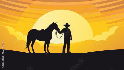 Cowboy standing with horse at sunset on open range