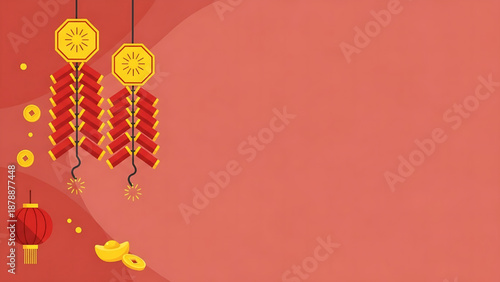 Chinese New Year celebration background with firecrackers, a red lantern, and gold ingots on a vibrant red backdrop, representing prosperity and cultural joy
