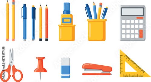 Professional vector stationery icon set featuring pencils, pens, glue, calculator, scissors, push pins, erasers, staplers, and geometric rulers on white background.