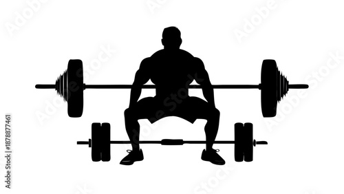 Powerful silhouette of a bodybuilder lifting a heavy barbell, muscle definition, gym and extreme fitness motivation vector.