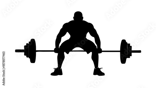 Powerful silhouette of a bodybuilder lifting a heavy barbell, muscle definition, gym and extreme fitness motivation vector.