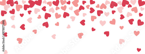 Red and Pink Hearts Falling on White Background - Panoramic Valentine's Day Confetti Border