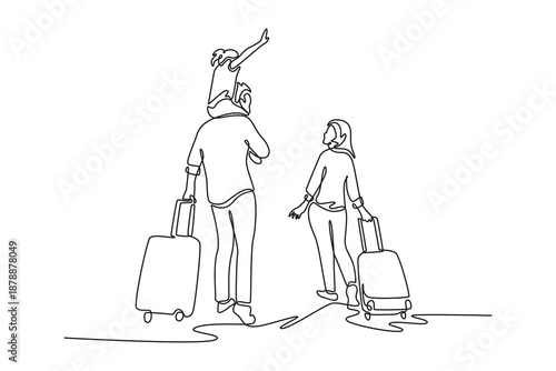 Back view of happy family traveling. Journey There concept. Single line draw design. Vector graphic illustration