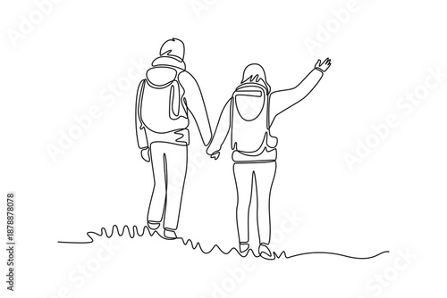 Couple in love hiking travel. Journey There concept. Single line draw design. Vector graphic illustration