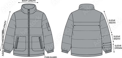 Gray Puffer Jacket Fashion Flat Sketch Technical Measurement Guide Template with Body Length Sleeve Width and Chin Guard Details Apparel Tech Pack Vector Illustration