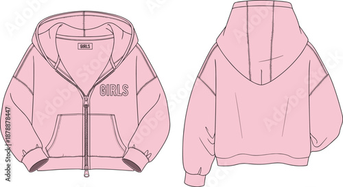 Pink Girls Zip Up Hoodie Fashion Flat Sketch Technical Drawing Template with Oversized Fit Drop Shoulder Crop Design and Kangaroo Pocket Apparel Mockup