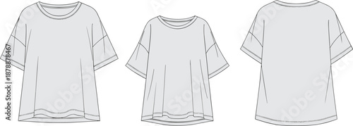 Oversized T-shirt Fashion Flat Sketch Technical Drawing Template with Drop Shoulder Boxy Fit Crew Neck and Short Sleeves Apparel Mockup Vector Illustration