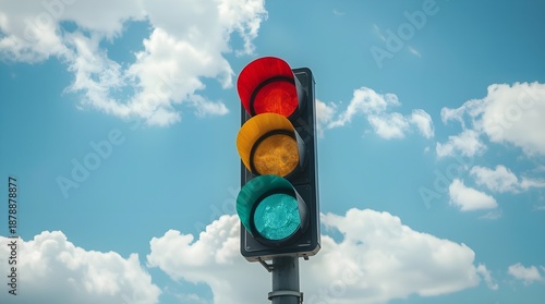 A vertical traffic light mounted on a pole against a bright, cloudy sky. The signal displays three circular lights arranged top to bottom in red, yellow, and green.