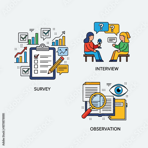 Illustrative representation of diverse data collection methodologies including structured surveys, in-depth interviews, and direct observation for research and analysis