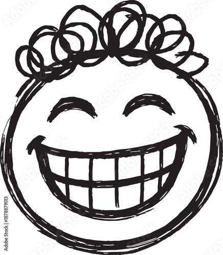 Hand drawn crayon emoji face of happy laughing man