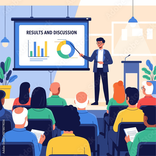 Presentation of data and results with discussion in a meeting room, with a presenter pointing to a chart on screen