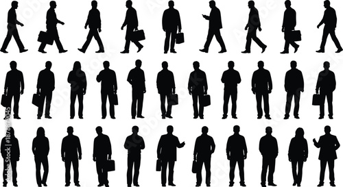 business men silhouettes set, walking and standing office professionals carrying briefcase poses, corporate workforce concept, isolated black vector