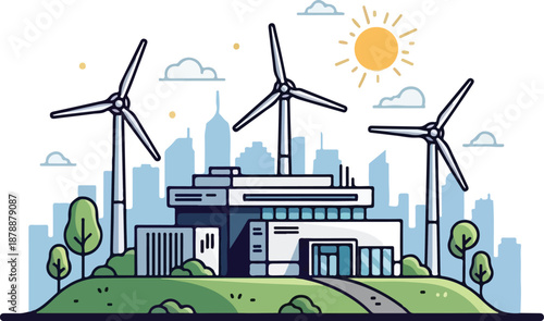 Sustainable energy production with wind turbines and modern building.