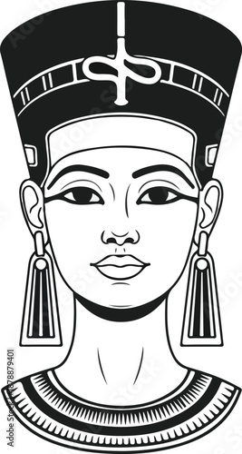 Ancient Egyptian Queen Nefertiti bust black and white illustration.