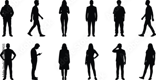 casual people silhouettes set, standing walking male female figures poses, everyday lifestyle characters, isolated black vector illustration