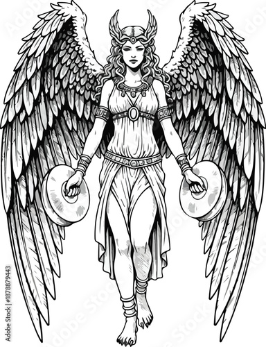 Winged Valkyrie Warrior Goddess with Cymbals Line Art.