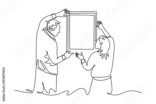 Husband And Wife Hanging Picture In Frame On Wall At Home. Decorating. Personal Touch concept. Single line draw design. Vector graphic illustration