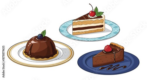 Assortment of delicious plated desserts including chocolate cake cherry cheesecake and a chocolate dome with berries.