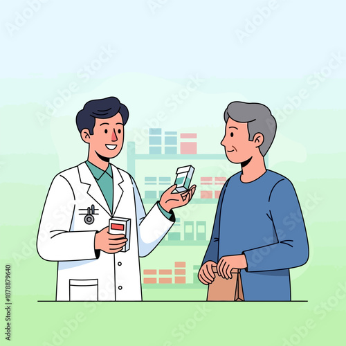 Pharmacist handing medication to a patient in a pharmacy