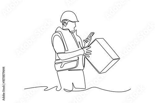Man in customs warehouse. Storekeeper with box. Personal Touch concept. Single line draw design. Vector graphic illustration