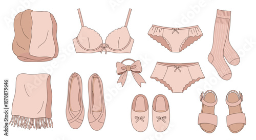 Collection of feminine undergarments and accessories in soft pink tones including lingerie socks shoes and a cozy scarf.