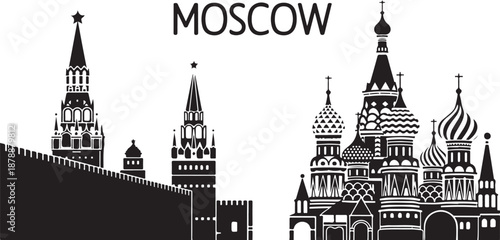 Moscow city skyline silhouette, popular landmarks and sights including Kremlin, St Basil Cathedral and towers