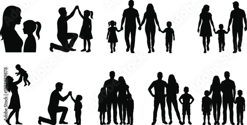 family love silhouettes set, parents and children bonding moments walking playing together, happy parenting lifestyle concept, isolated black vector