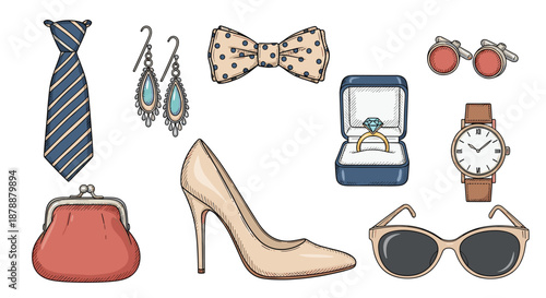 Luxury fashion accessories collection including elegant jewelry watch silk tie high heels and stylish sunglasses on white background.