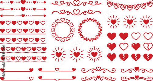 Set of Valentine's Day Heart Design Elements, Romantic Dividers, Wreaths, Arrows and Pixel Art Icons