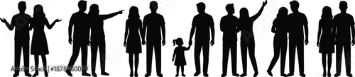 Large set of black silhouettes featuring diverse couples and families in various poses including walking pointing waving and holding hands on white background