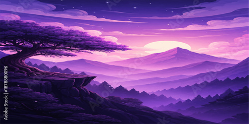 A beautiful sunset over snow-capped mountains and a misty valley creates a stunning nature landscape under a glowing evening sky filled with clouds at dusk