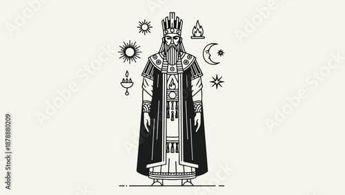 Ancient King with Crown and Robe Surrounded by Mystical Symbols.